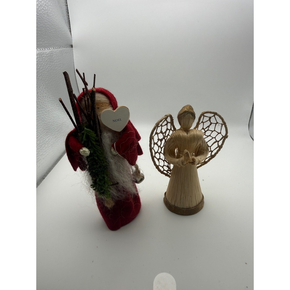 Vintage Rustic Santa Claus and Woven Straw Angel Christmas Figurine Set 2pc